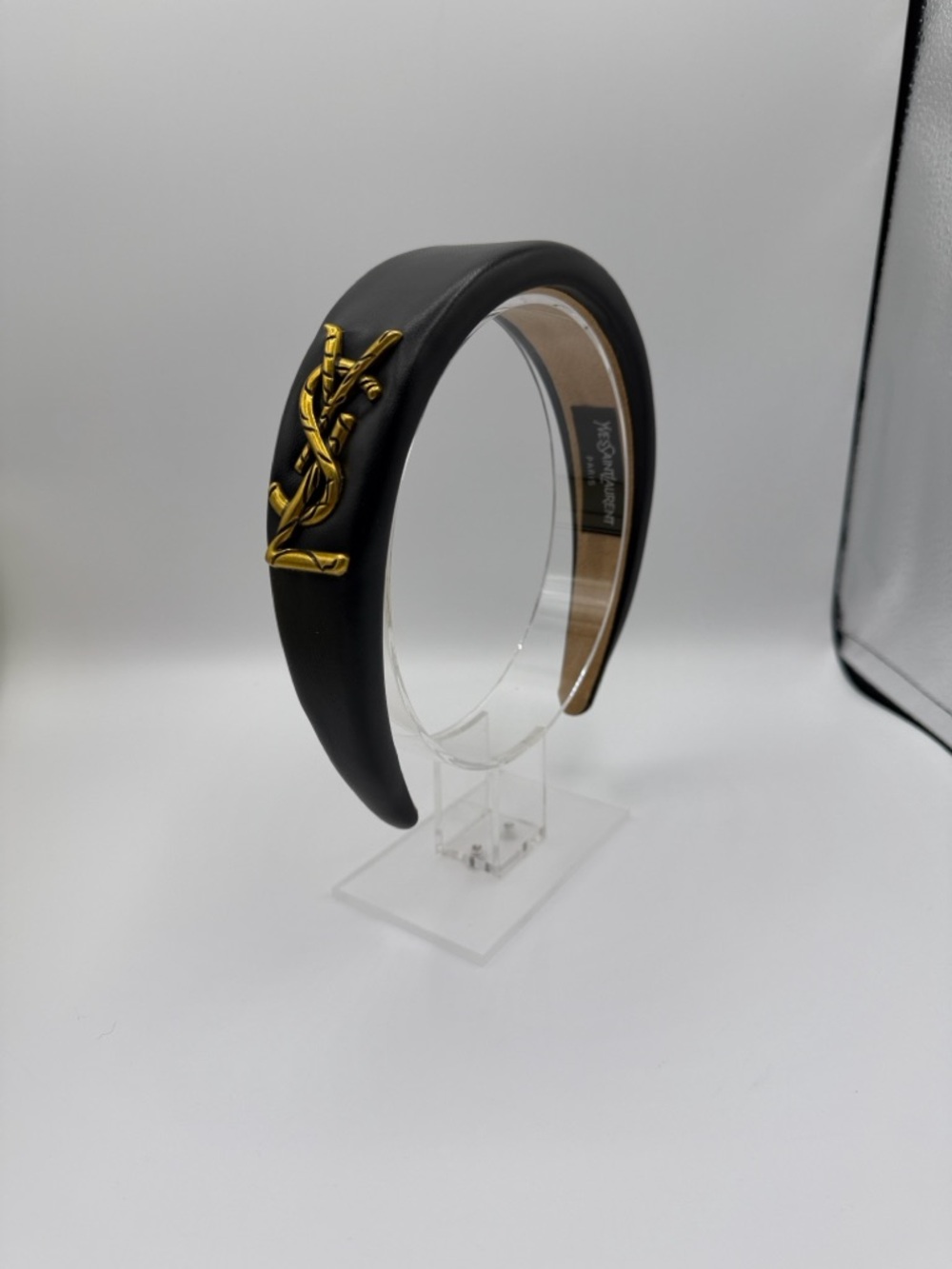 Black Padded Headband with Gold Logo Accent